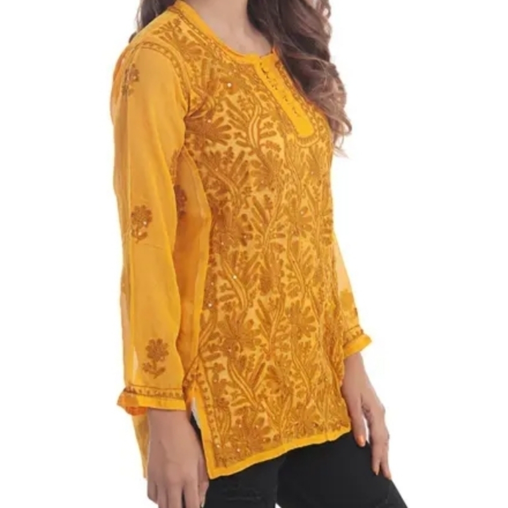 Tunic Top Women's Size M Sunflower Yellow Sheer Chiffon Floral Embroidered Beach